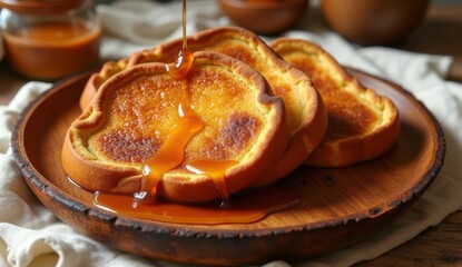 Golden brown French toast slices served on a wooden plate, topped with rich honey drizzle. Perfect for a cozy and flavorful homemade breakfast or brunch on a rustic setting