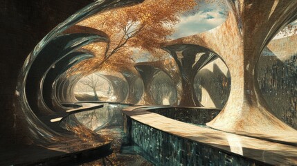 A surreal forest scene with a winding path and a waterfall.