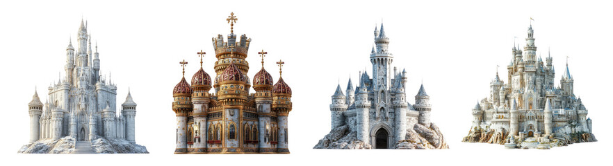 Obraz premium Enchanted Fantasy Castles in Various Architectural Styles, PNG bundle collection, Isolated on Transparent Background