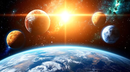 A bright sun surrounded by planets in a beautiful starry space