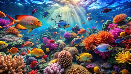 Fototapeta premium A breathtaking underwater scene with vibrant coral reefs and schools of colorful fish swimming amidst the ocean currents, nature, landscape, biodiversity, sea creatures