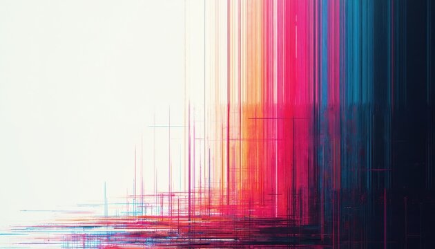 Striking colorful abstract design with glitch effect, featuring vertical lines in shades of pink, blue, orange on contrasting white, black background. Perfect for digital projects, modern design,