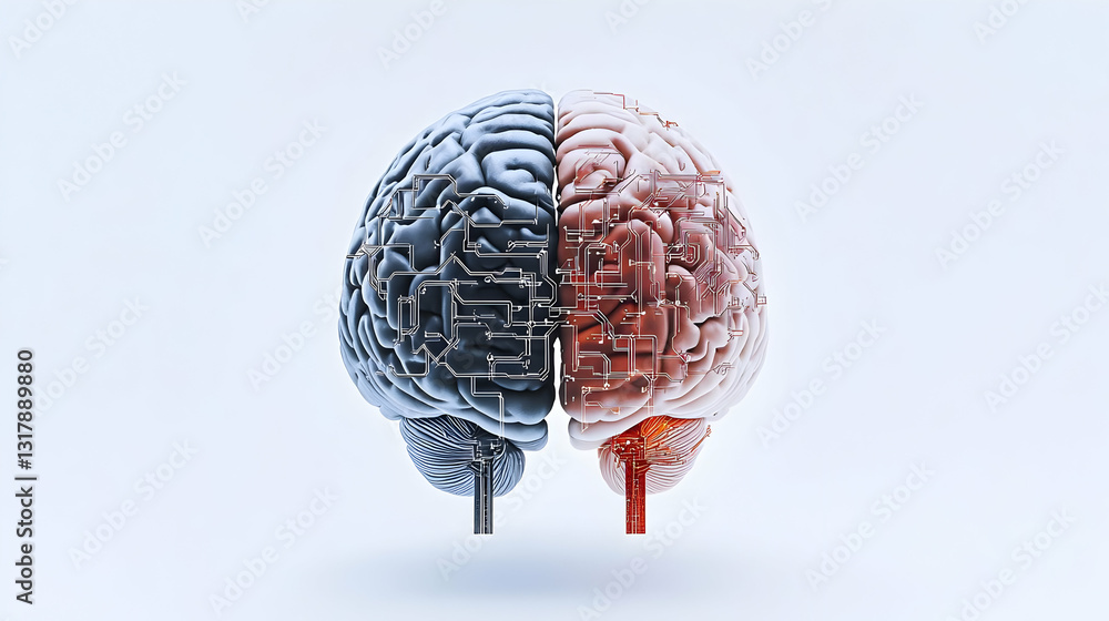 Poster 3d rendered brain divided into two halves with contrasting grey and red voxel textures on a clean wh