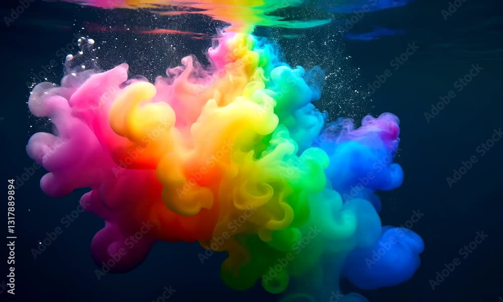 Poster vibrant rainbow color paint explosion underwater creating abstract forms