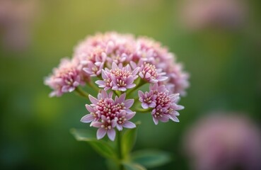 Close-up of pink flowers of valerian plant. Blossoming valeriana officinalis herb in summer garden. Floral nature scene. Fresh herbal medicine ingredient. Wildflower blooming detail. Beauty in nature.