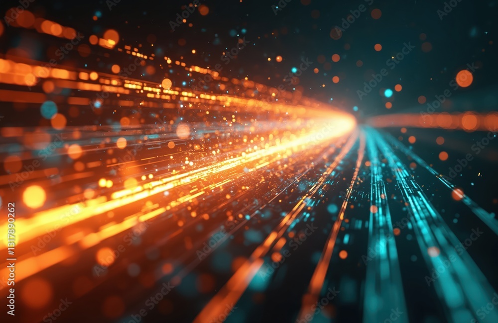 Poster illuminated data cables transmit information with light streaks. glowing datum transfers fast in ele
