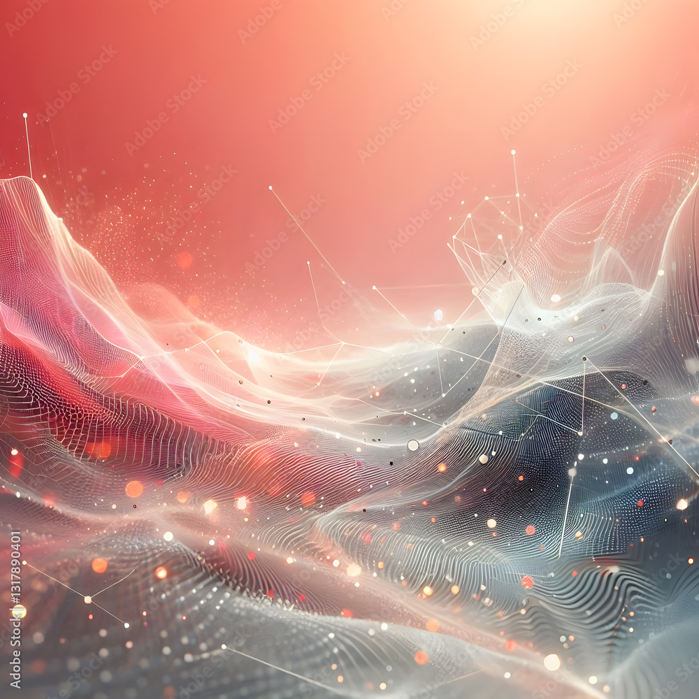 Poster luminous threads weave through a soft, gradient sky, forming a digital landscape of connected points