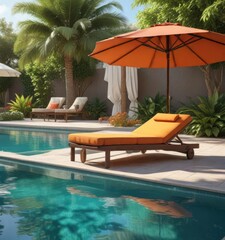 A chaise lounge positioned near the pool's edge with a side table and umbrella for shade, daybed , outdoor living