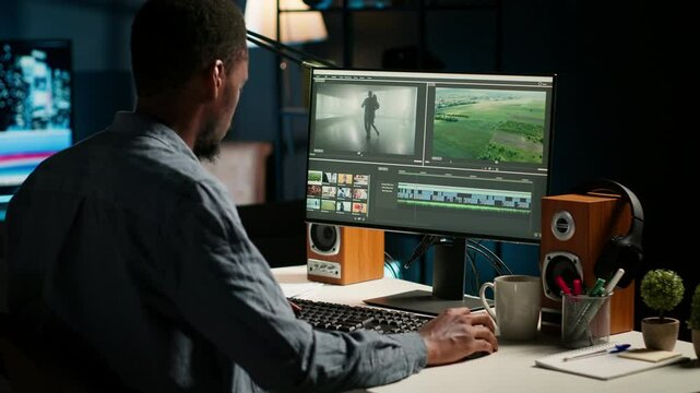 Video maker producing montage with artistic software for color adjustment, special effects in movie editing. Digital media illustrator developing transitions for cinematic production. Camera B.