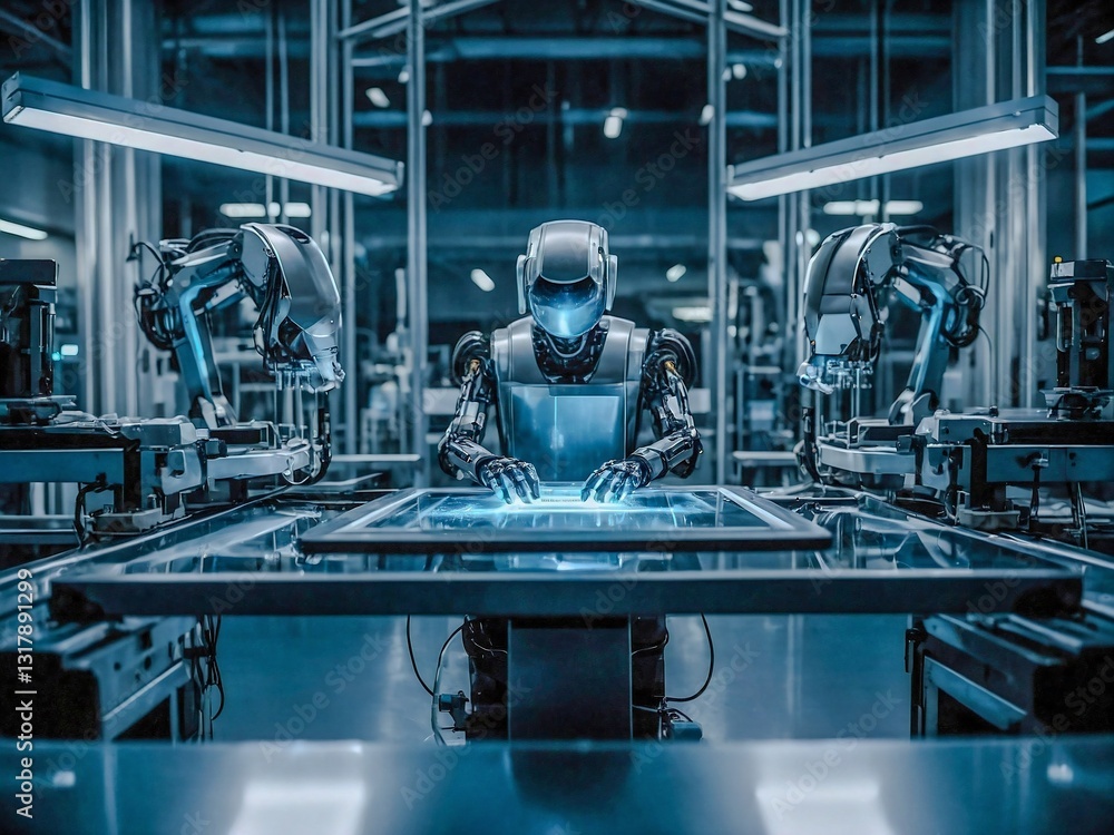 Poster advanced tablet manufacturing line, futuristic robot assembly in a high-tech environment.