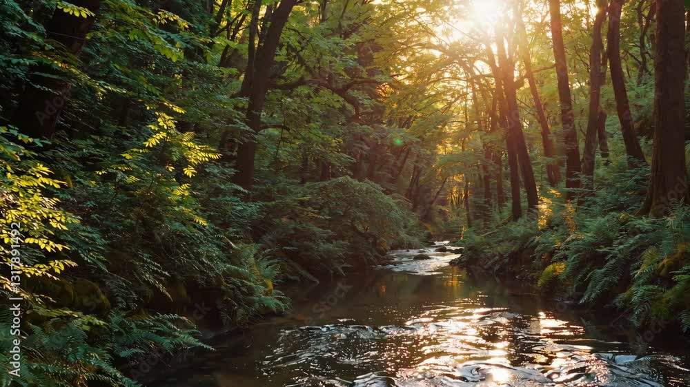 Poster sunlight filtering through trees by a serene stream in a lush forest