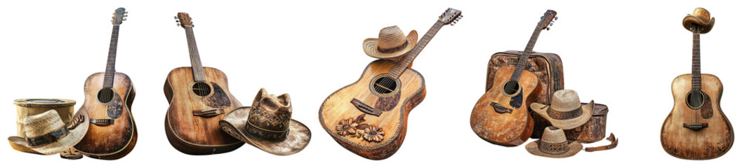 Vintage Guitars and Hats Arrangement for Rustic Country Theme, PNG bundle collection, Isolated on Transparent Background