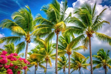 Obraz premium A cluster of palm trees sways together in the wind, their trunks and branches intertwined with vines and flowers, vegetation, nature, plant life