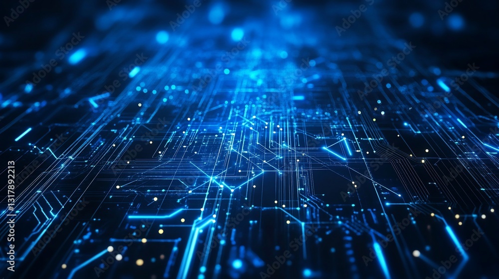 Poster abstract digital circuitry network technology background: glowing blue lines and nodes representing 