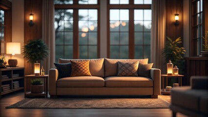 Cozy living room interior design featuring a beige sofa and warm lighting near large windows offering a scenic view