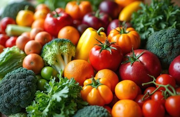 Fresh vegetables, fruits like tomatoes, oranges, broccoli, peppers. Healthy diet, conscious consumption, stop food waste day concept for global awareness campaign, reduce food waste, prevent hunger.