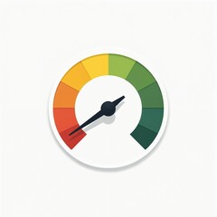 Tachometer on white background indicates performance level. Gauge with needle, colorful dial measures speed. Indicator, infographic element for dashboards, website design. Speedometer displays power,
