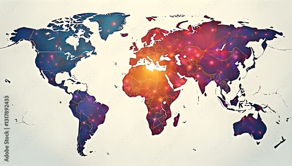 Poster A creative illustration of a world map with interconnected lines, symbolizing the interconnectedness of all races and the importance of global unity