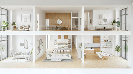 Modern Minimalist White Apartment Interior Design With Wooden Floors and Open Plan Layout in Cross Section View