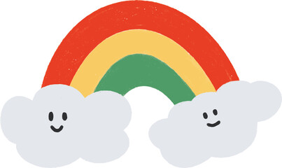 A cute rainbow with two smiling clouds in a cartoon style. Bright and cheerful design for kids and nursery