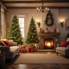A cozy living room with a Christmas tree and fireplace , Winter Wonderland, Holiday Decor