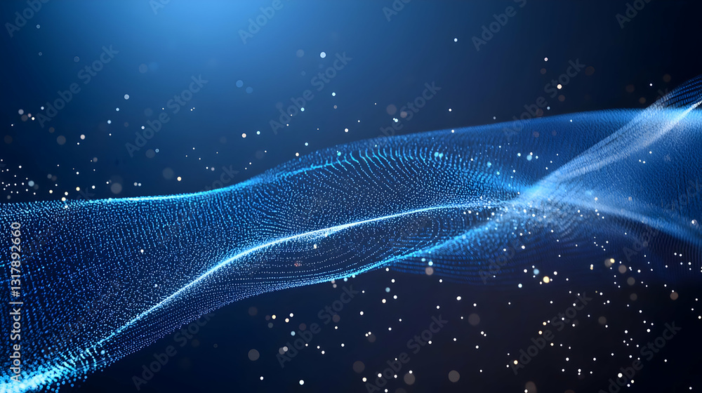 Poster abstract blue wave of particles in a dark digital space with a glowing light effect and depth of fie