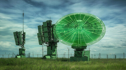 Green Radar Dome And Antennas In Field With Cloudy Sky Green Radar Dome And Antennas Technology Military Surveillance Defense Communication Security