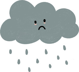 A sad gray rain cloud with falling raindrops in a cute hand-drawn style. Perfect for weather designs.