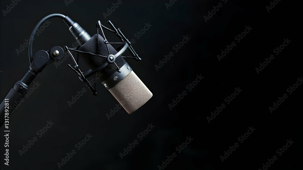 Poster professional condenser microphone in dark studio setting with black background ready for audio recor