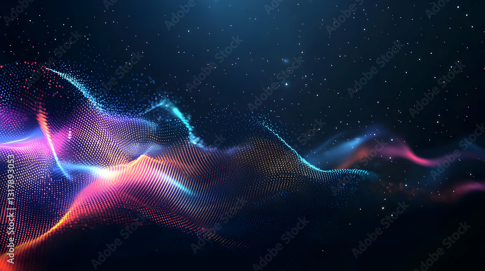 Poster dynamic abstract art with colorful particles waves glowing in dark space