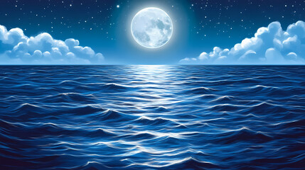 Serene moonlit ocean with calm waves, reflecting the moon in a soft, peaceful glow across the water. Moonlit Essence. Illustration