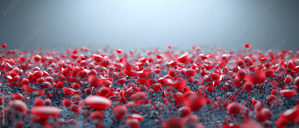 Poster abstract 3d render of red spheres on blue surface with depth of field effect in bright vibrant red a
