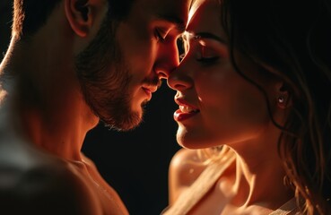 Close-up sensual portrait of young couple embracing. Lovers in tender passion, nose-to-nose, sharing intimate moment. Sensuality, romance, affection concept. Relationship goals, happy together,
