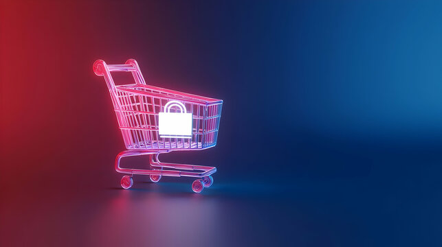 3D Render of Shopping Cart with Padlock Icon in Red and Blue Neon Light Symbolizing Secure Online Shopping