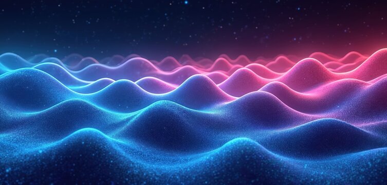 Abstract digital design featuring glowing neon waves. Blue, pink tones create vibrant, futuristic wave pattern against starry night sky, galaxy background with luminescent light for tech