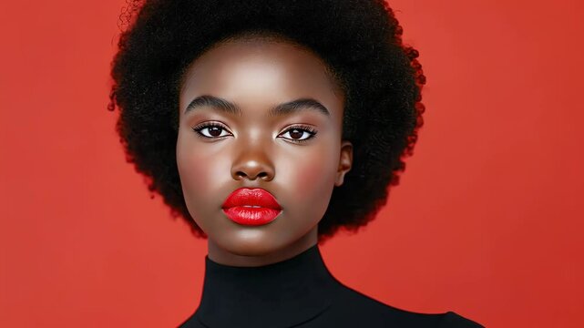 Diverse Beauty Campaign Highlighting Rich Complexions in Vibrant Red Background with Focus on Bold Lipstick and Natural Afro Hair Style