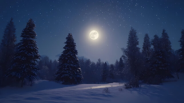Under a starlit sky, a magical winter forest captures the essence of christmas with its snowy trees and serene, moonlit beauty. Moonlit Essence. Illustration