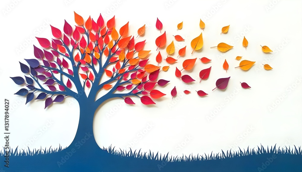 Poster Papercut scene of a tree with leaves in various colors representing harmony and diversity
