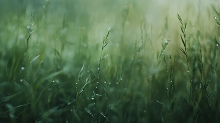 Close-up view of dewdrops glistening on fresh green grass in early morning sunlight
