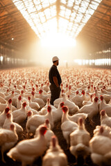 A worker stands amidst a large flock of turkeys in a spacious barn, observing their movements in the soft light of early evening. The warm glow enhances the tranquil atmosphere