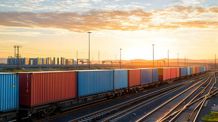 Obraz premium Colorful Shipping Containers on Freight Train Tracks at Sunset with Orange Sky and Industrial Landscape