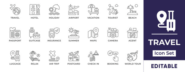 Travel Line Icon Set. Features editable icons for travel, tourism, vacation, holiday, airport, hotel, luggage, passport, and more. Perfect for travel agencies, tourism websites, and travel bloggers.