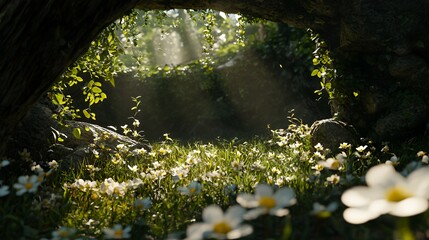 Sunlit Forest Glade with White Flowers
