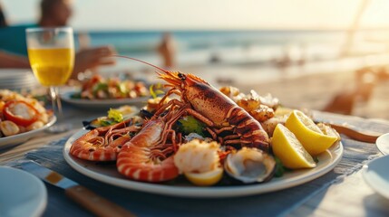 Grilled seafood platter featuring fresh lobster, shrimp, and lemon served by the beach at sunset
