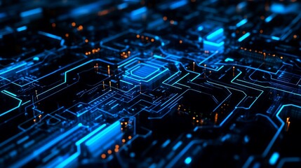 Abstract Digital Circuit Board Glowing with Neon Blue Lines Futuristic Technology Background