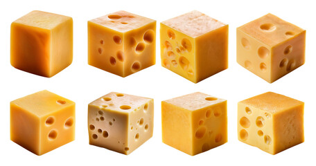 Assorted Cheese Cubes with Holes on Transparent Background, isolated on transparent background