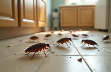 Cockroaches crawl on kitchen floor, showing household pest problem. Need for pest control. Unhygienic, dirty invasion. Creepy, disgusting unwanted insects in house, residence, urban city apartment.