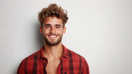 Obraz premium Smiling young man with curly hair wearing red plaid shirt against light background, exuding confidence and warmth.