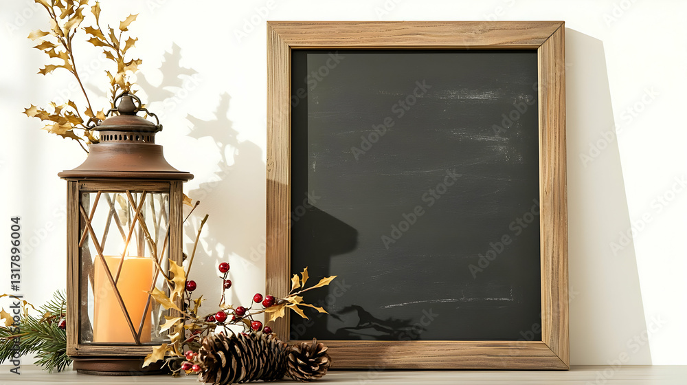 Poster rustic lantern and chalkboard frame displayed with decorative elements against white background