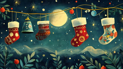 A festive depiction of holiday bells and stockings, illuminated under a moonlit sky, capturing the essence of holiday traditions. Moonlit Essence. Illustration